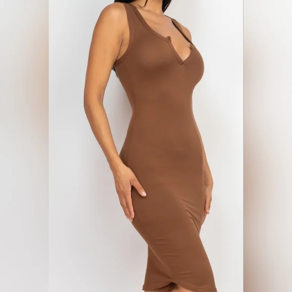 𝅺Brown Split Neck Tank Mini Dress - Picture 4 of 5